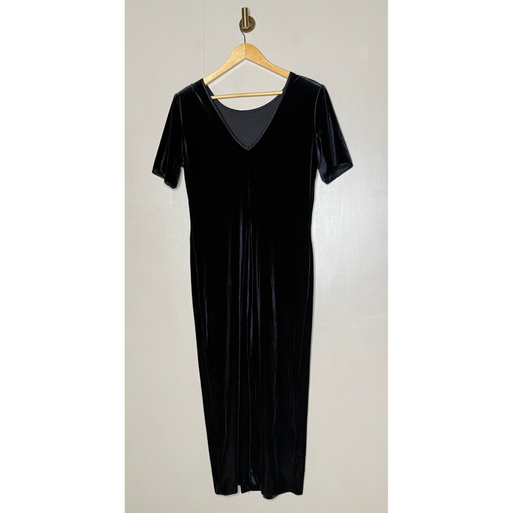 Vintage Nina Piccalino Black Velvet Maxi Dress Side Slit Button Detail Size 10 - Picture 5 of 8